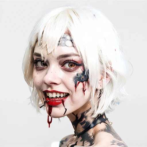 An image of a woman with a creepy face, wide numb eyes, scary open mouth, big sharp teeth with dripping blood and an occult tattoo on the neck, inspired by Junji Ito, junji ito style, art style of junji ito, in style of junji ito, ito junji art, style of junji ito, subtle junji ito, kaethe butcher, inspired by Hannah Frank, fleshy - cyborg - zombie