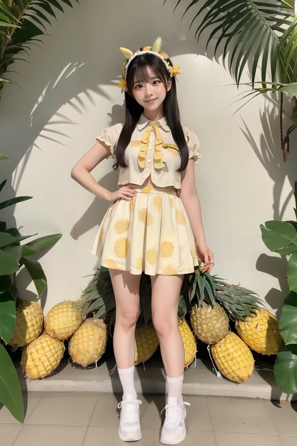 Beautiful Japanese girl wearing a strawberry hat、Wearing a dress with strawberries on it and posing all over with a smile and a V sign。The beautiful girl generated is、The main body does not protrude from the screen、The entire body fits within the screen。