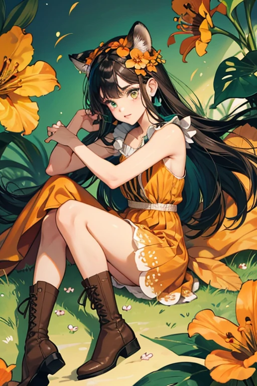 Tiger Lily Cookie has exceedingly long teal hair that sits in a pile at her feet. Her bangs are parted in the middle, and she has wide eyes with thin orange-brown pupils and a single eyelash on each eye. She wears an orange hibiscus accessory on her head that is accompanied by two dark green leaves.

Tiger Lily Cookie wears a short, sleeveless orange dress with slits at the sides. Her dress has brown markings resembling tiger stripes. She wears brown boots with cream shoe laces and a darker brown trim on top. GLITTER