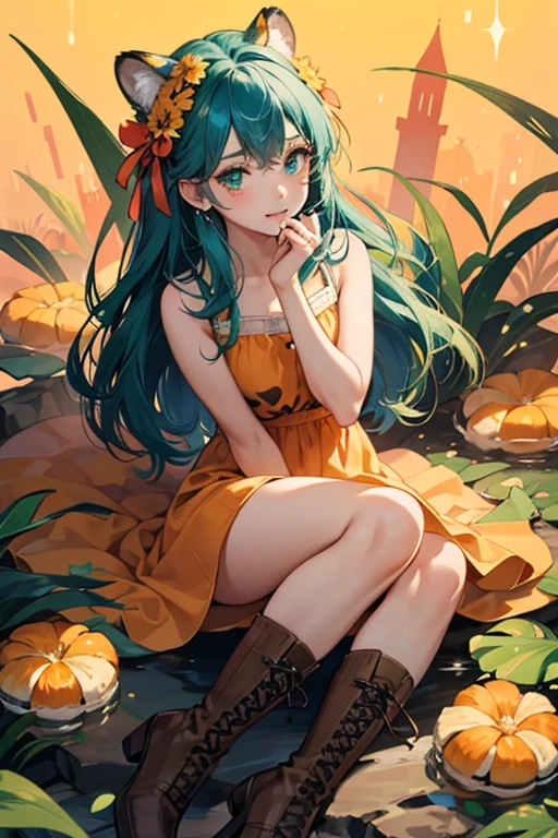 Tiger Lily Cookie has exceedingly long teal hair that sits in a pile at her feet. Her bangs are parted in the middle, and she has wide eyes with thin orange-brown pupils and a single eyelash on each eye. She wears an orange hibiscus accessory on her head that is accompanied by two dark green leaves.
Tiger Lily Cookie wears a short, sleeveless orange dress with slits at the sides. Her dress has brown markings resembling tiger stripes. She wears brown boots with cream shoe laces and a darker brown trim on top. GLITTER, JELLY