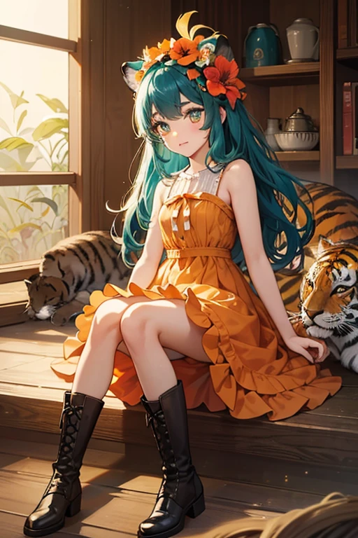 Tiger Lily Cookie has exceedingly long teal hair that sits in a pile at her feet. Her bangs are parted in the middle, and she has wide eyes with thin orange-brown pupils and a single eyelash on each eye. She wears an orange hibiscus accessory on her head that is accompanied by two dark green leaves.
Tiger Lily Cookie wears a short, sleeveless orange dress with slits at the sides. Her dress has brown markings resembling tiger stripes. She wears brown boots with cream shoe laces and a darker brown trim on top. GLITTER, JELLY