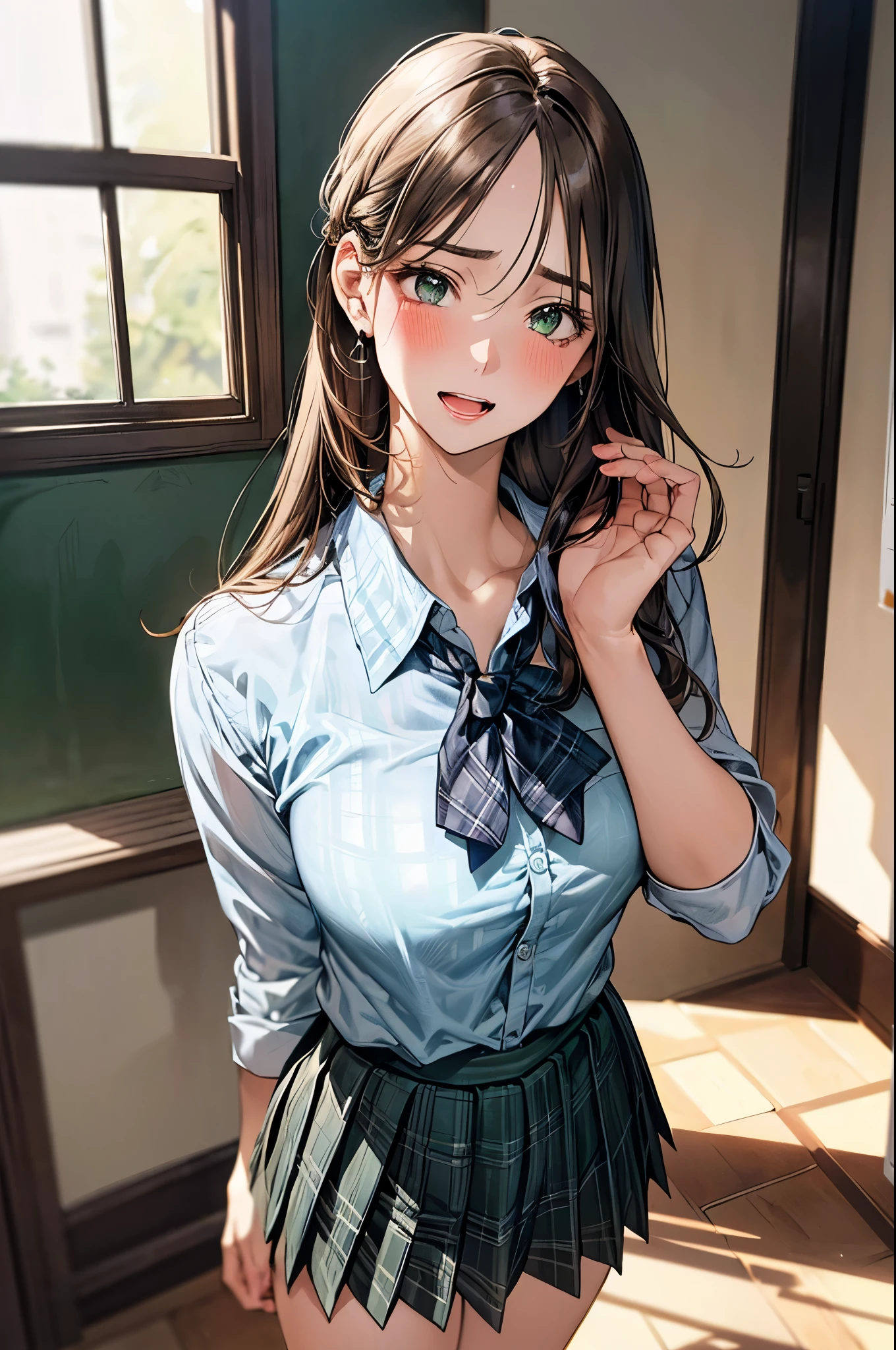 (masterpiece:1.2, top-quality), (realistic, photorealistic:1.4), beautiful illustration, (natural side lighting, movie lighting), nsfw,
looking away, face focus, 1 girl, japanese, high school girl, perfect face, cute and symmetrical face, shiny skin,
(long hair:1.4, half updo:1.2, light brown hair), swept bangs, big eyes, dark green eyes, drooping eyes, long eye lasher, (large breasts:0.6),
beautiful hair, beautiful face, beautiful detailed eyes, beautiful clavicle, beautiful body, beautiful chest, beautiful thighs, beautiful legs,
((symmetrical clothing, detailed cloth texture, light blue collared shirt, dark green plaid pleated skirt)), dark green tie, hair tie,
(beautiful scenery), evening, classroom, standing, leaning forward, (blush, cry, open mouth),