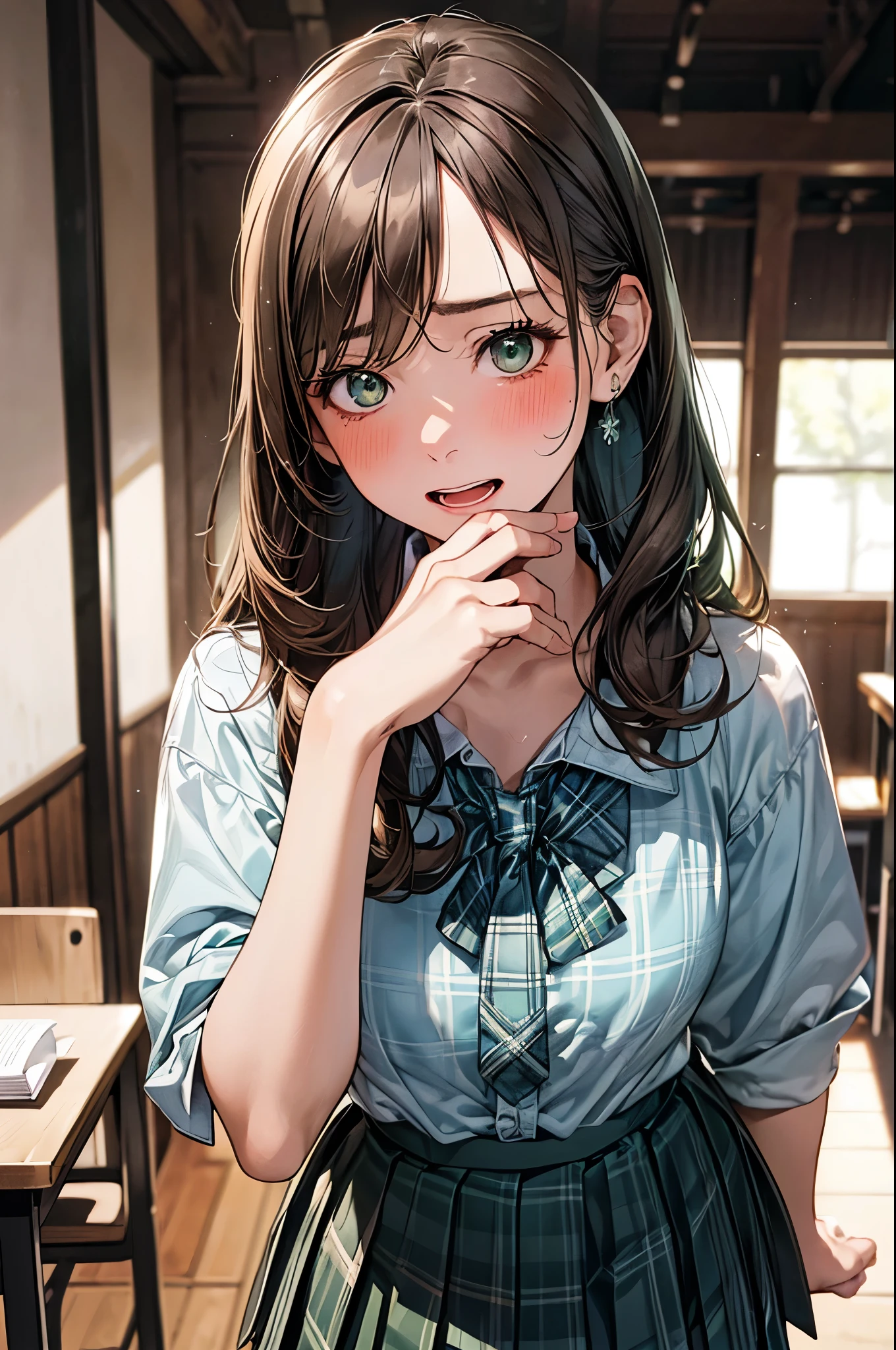 (masterpiece:1.2, top-quality), (realistic, photorealistic:1.4), beautiful illustration, (natural side lighting, movie lighting), nsfw,
looking away, face focus, 1 girl, japanese, high school girl, perfect face, cute and symmetrical face, shiny skin,
(long hair:1.4, half updo:1.2, light brown hair), swept bangs, big eyes, dark green eyes, drooping eyes, long eye lasher, (large breasts:0.6),
beautiful hair, beautiful face, beautiful detailed eyes, beautiful clavicle, beautiful body, beautiful chest, beautiful thighs, beautiful legs,
((symmetrical clothing, detailed cloth texture, light blue collared shirt, dark green plaid pleated skirt)), dark green tie, hair tie,
(beautiful scenery), evening, classroom, standing, leaning forward, (blush, cry, open mouth),