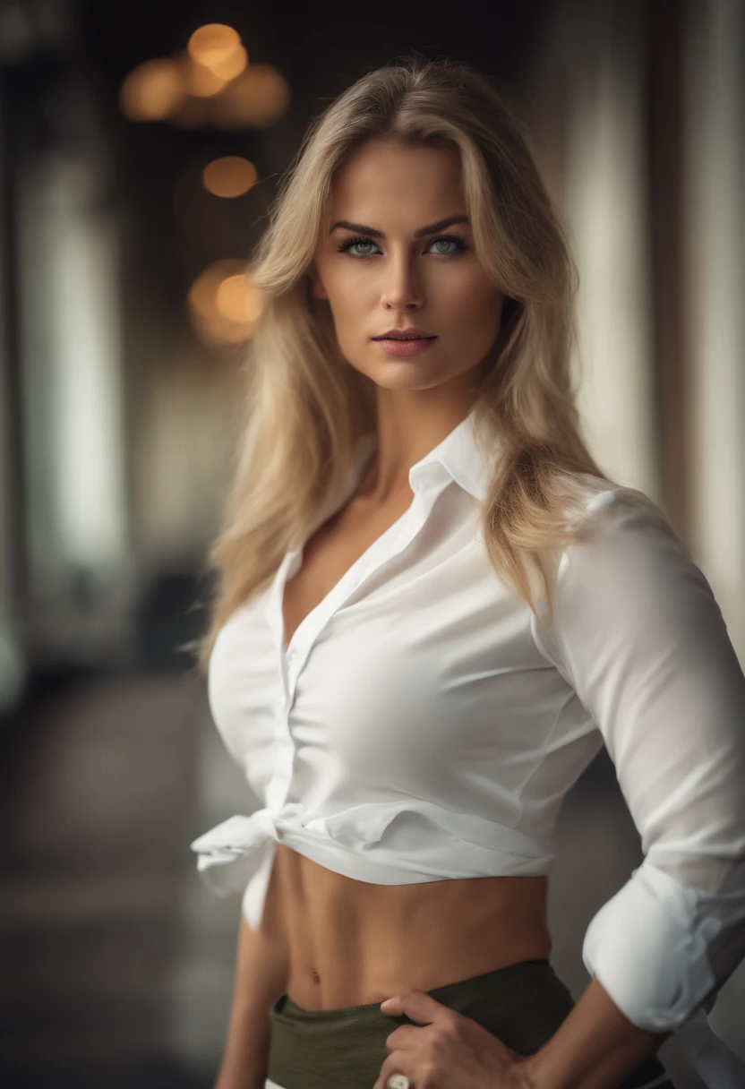 Full Body Portrait, Frau mit lange blonden Haaren , green eyes, schales Gesicht , Fitnessmodel , sexy Figur , Mini skirt and white shirt 