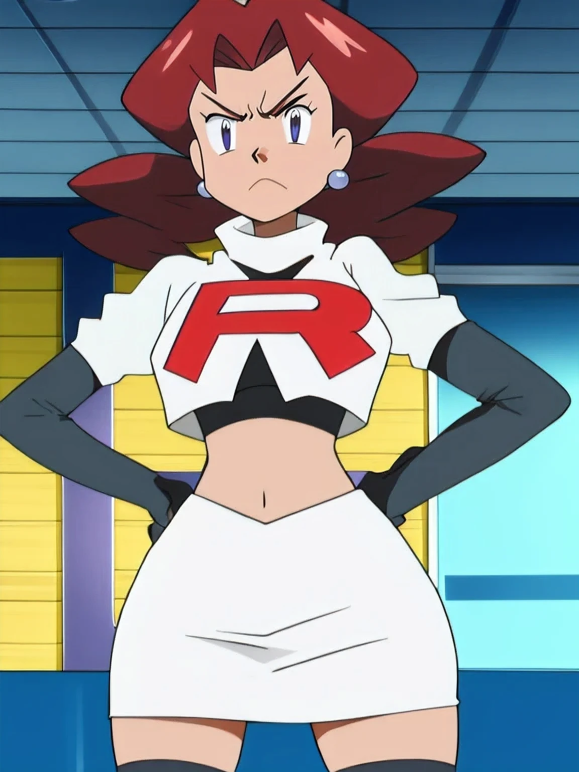 team rocket uniform, red letter r, white skirt,white crop top,black thigh-high boots, black elbow gloves, glaring angrily, looking at viewer, hands on hips, full body seen