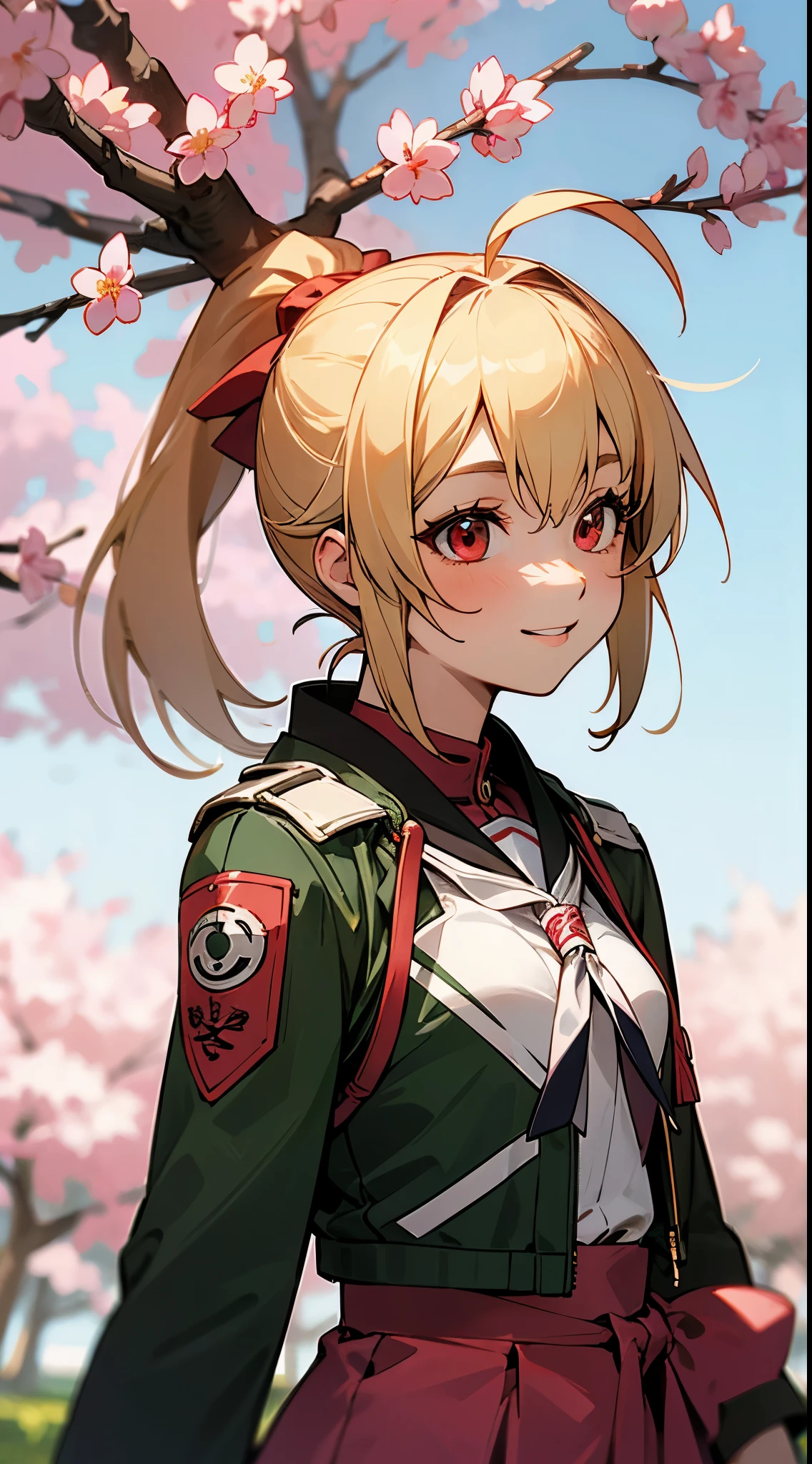 (highest quality、Super fine、reality)、Genki Girl、high school girl、small breasts、riders jacket、blonde、red eye、ponytail、Ahoge、From the side、gloves、bright smile、stand in front of a cherry tree、upper body close-up、Sakura Park、sharp outline