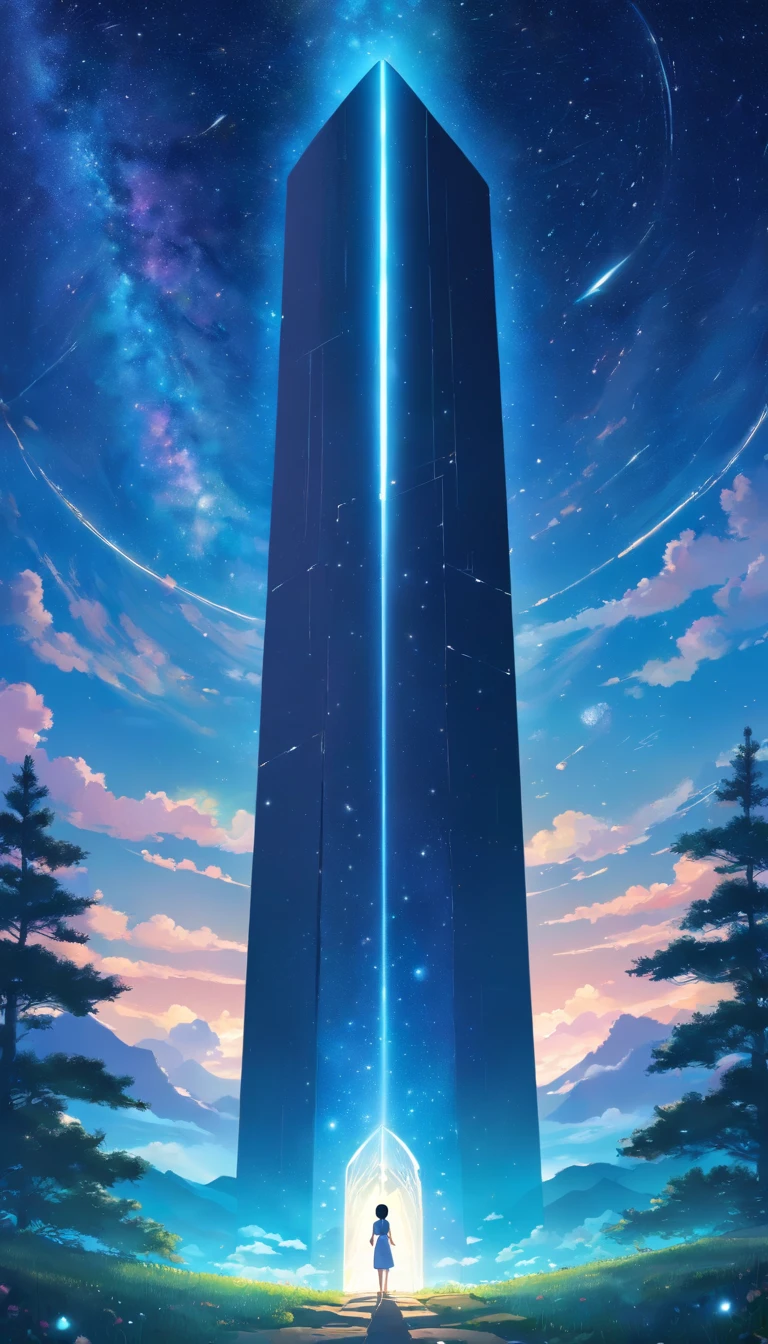 A stone stele floats in the starry sky，The stele is covered with unknown text，A spaceship is suspended in front of the stele，There are no characters and no ground in the picture