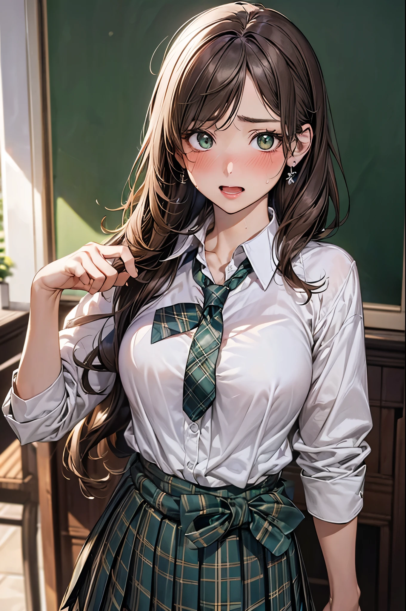 (masterpiece:1.2, top-quality), (realistic, photorealistic:1.4), beautiful illustration, (natural side lighting, movie lighting), nsfw, 
looking away, face focus, 1 girl, japanese, high school girl, perfect face, cute and symmetrical face, shiny skin, 
(long hair:1.4, half updo:1.2, light brown hair), swept bangs, big eyes, dark green eyes, drooping eyes, long eye lasher, (large breasts:0.6), 
beautiful hair, beautiful face, beautiful detailed eyes, beautiful clavicle, beautiful body, beautiful chest, beautiful thighs, beautiful legs, 
((symmetrical clothing, detailed cloth texture, light blue collared shirt, dark green plaid pleated skirt), light pink cardigan around waist), dark green tie, hair tie,
(beautiful scenery), evening, classroom, standing, leaning forward, (blush, cry, open mouth), 