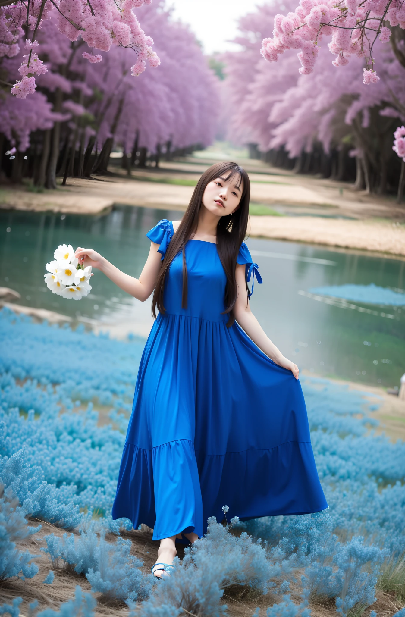 a woman in a blue dress standing in a field of flowers, with beautiful colors, in blue dress, blue dress, blue colored traditional wear, long blue dress, dressed in blue, wearing blue dress, sky blue, flowing dress, ao dai, blue, beutiful, wearing a blue dress, edited in photoshop, very beautiful photo, sky - blue dress, blue outfit