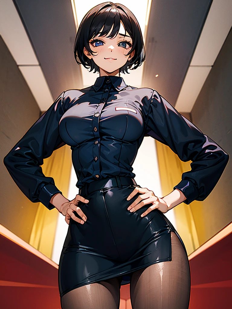 1 girl with short black hair, cute face, lewd smile, big breasts, wearing white shirt and  black pencil skirt with black pantyhose, standing with legs apart, hands on her hips, view from below, store backgound, ultra high resolution, crispy clear image, masterpiece, 5 finger hands, no extra fingers