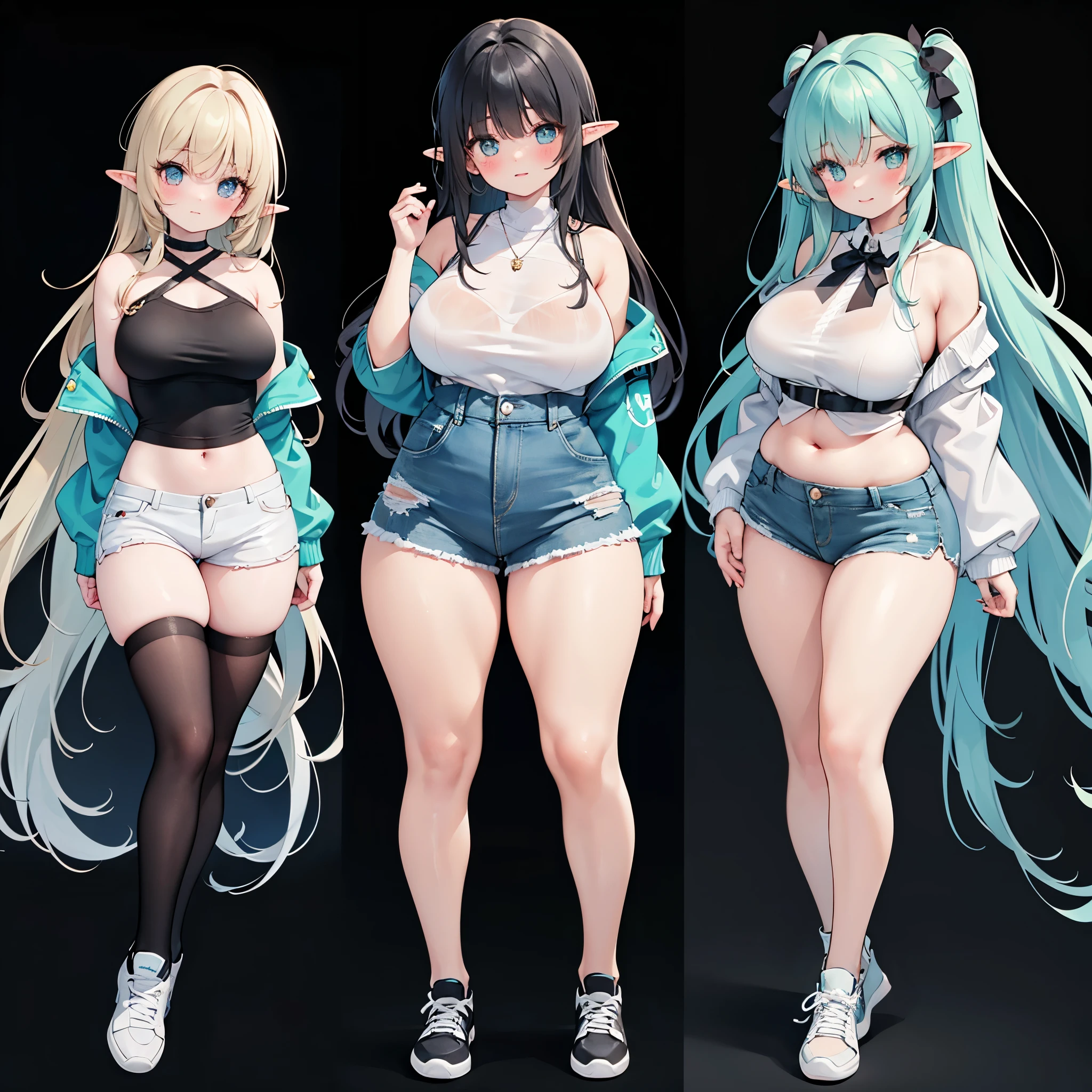 realistic image, coherent image, detailed image, a beautiful elf, she has long black hair, a big bow, she has turquoise eyes, her face is oval and delicate, blushing, medium breasts, curvy body, thick thighs, she is wearing a off shoulder blouse, jean mini shorts, sneakers, view of her legs, black background, uniform background,