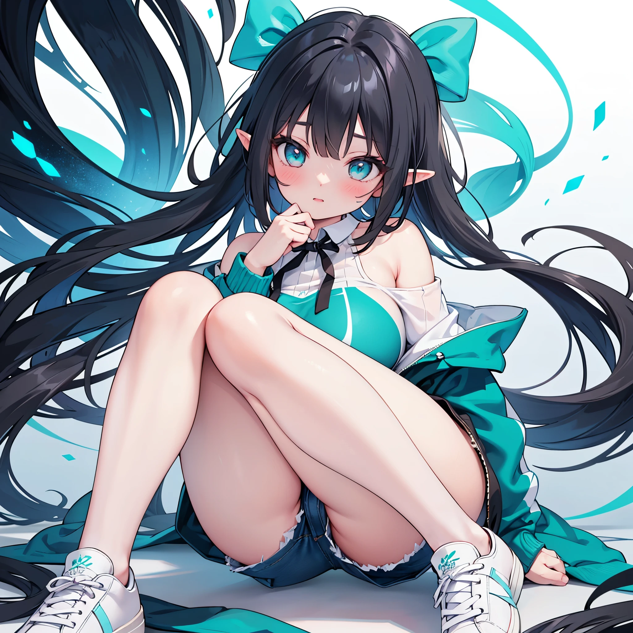 realistic image, coherent image, detailed image, a beautiful elf, she has long black hair, a big bow, she has turquoise eyes, her face is oval and delicate, blushing, medium breasts, curvy body, thick thighs, she is wearing a off shoulder blouse, jean mini shorts, sneakers, view of her legs, black background, uniform background,