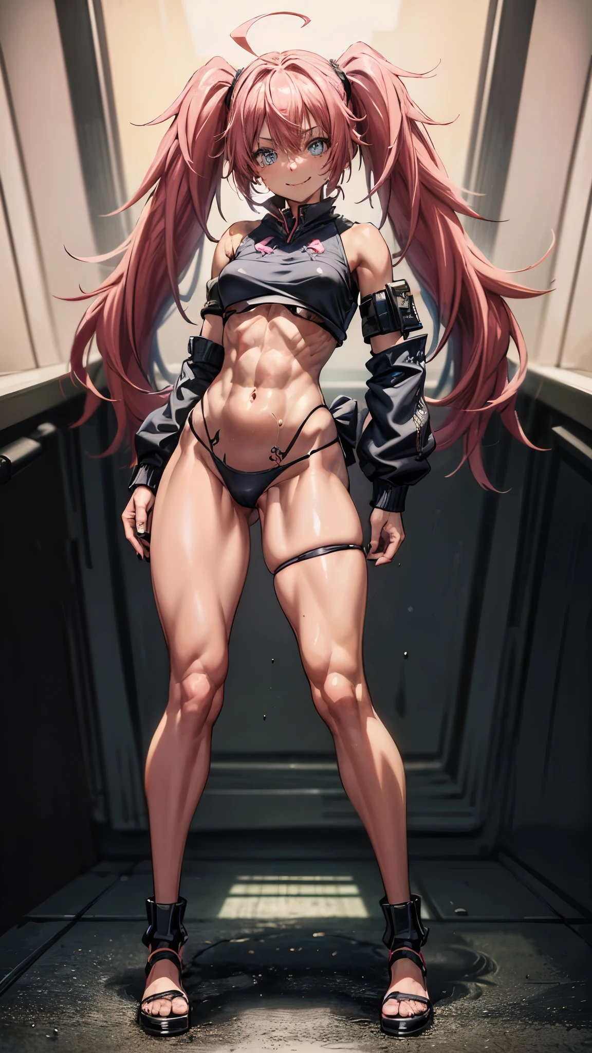 ((Female)), (very messy hair), twintails, (Happy smile), fangs, ((ripped abdomen)), toned arms and legs, medium breasts, excessive sweating, (black nails), bright blue eyes, (( pink hair)), wearing black high heel shoes, ((standing)), Facing me in a sensual pose, (wearing only a thong), (((full body photo))), bright eyes, glowing eyes, eye reflection, anime, anime style, ray tracing, Cinematic lighting, Panorama, Sony FE GM, High definition, artwork, accurate, anatomically correct, Textured skin, super detail, high quality, high resolution, high definition, 16k