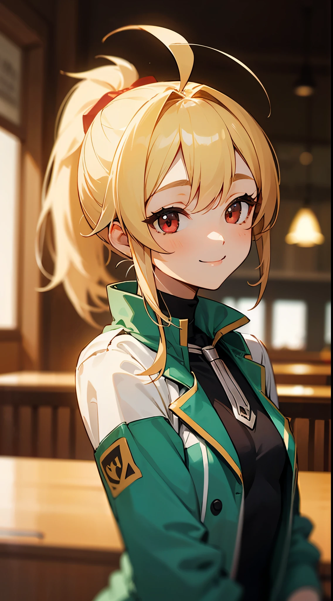 (highest quality、Super fine、reality)、Genki Girl、high school girl、small breasts、riders jacket、blonde、red eye、ponytail、Ahoge、From the side、gloves、bright smile、((indoor、morning、Cafe))、upper body close-up、sharp outline