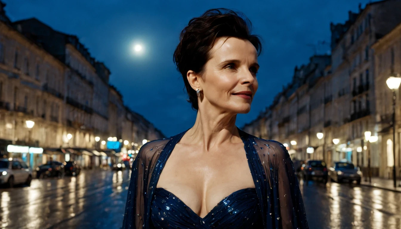 Uma jovem garota da cidade (Juliette Binoche), com um longo vestido Azul Sky, caminhando ruas da cidade a noite, It&o39;It&#39;s raining and there&39;There&#39;s beautiful moonlight in the sky.