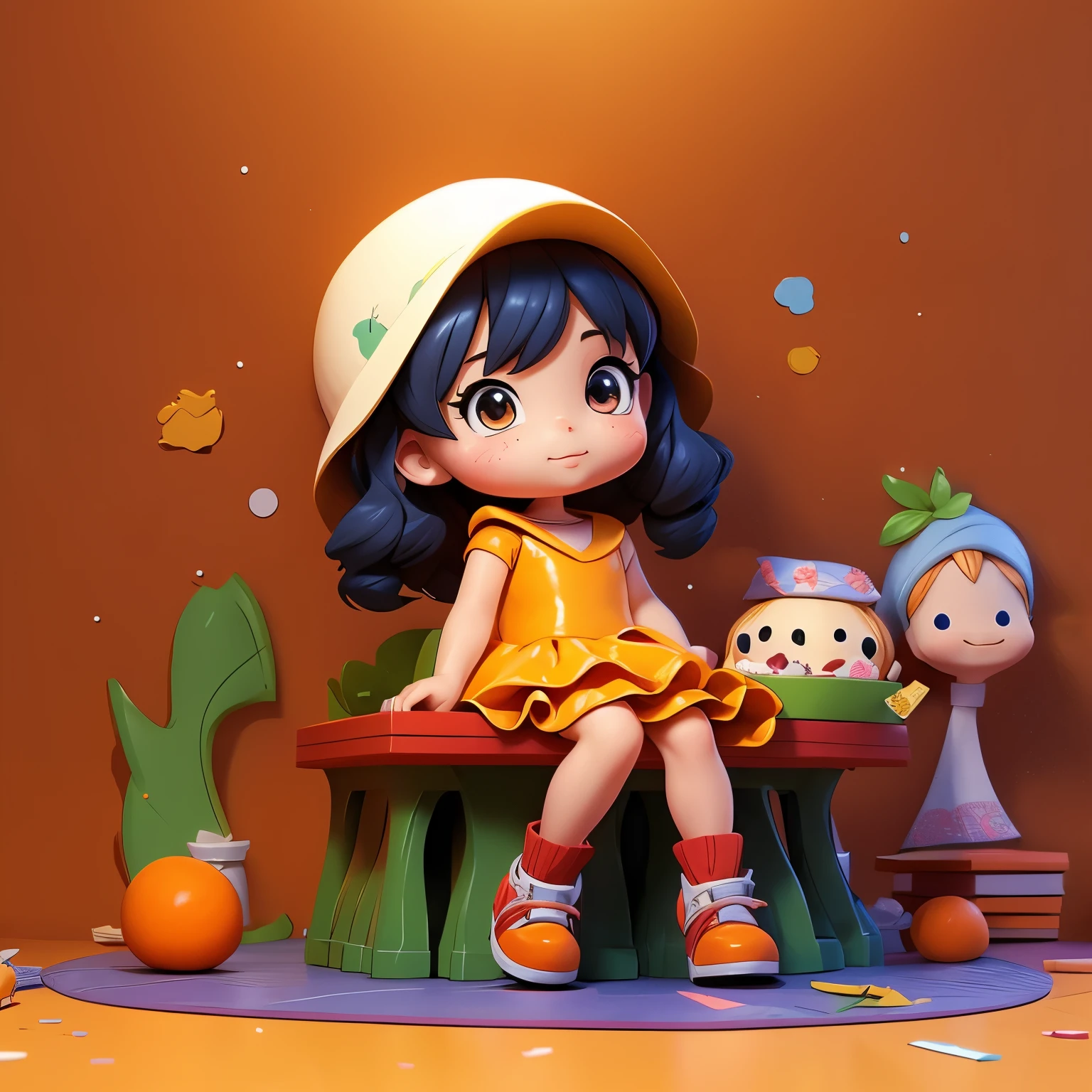 Anime girl sitting at a table with a doll and an orange、small girl、splash art anime lolie girl anime visual、small curvaceous 、in a dress、cute animeの女の子、cute anime、、anime moe art style、official artワーク、official art、cute art style、zerochan art、young anime girl