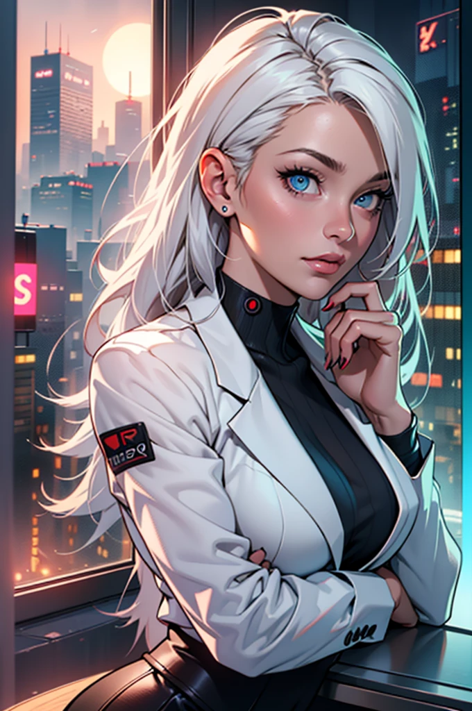 (masterpiece:1.3), (8k, photorealistic, RAW photo, best quality: 1.4), (1girl), beautiful face, (realistic face), Nice hairstyle,Realistic Eyes,Nice detail eyes,(Realistic Skin),Beautiful Skin,Ridiculous,attractive,Ultra high Resolution,an ultra realistic,RAWExtremely detailed,golden proportions, Woman wearing business outfit, white formal blazer, white blouse, high waist business skirt, beautiful, masterpiece, best quality, perfect lighting, (white hair:1.4), long hair, (blue eyes:1.2), slender build, thin, medium breasts, business woman, ceo, sitting in luxurious black office chair, giant modern window with view of dusk cyberpunk city skyline in background, torso shot, dusk, (cyberpunk city background:1.3), (Hazy sky:1.2), (Dim red sun:1.3), eyelashes, dark eyeliner, cyberpunk, older, sleek modern-futuristic office