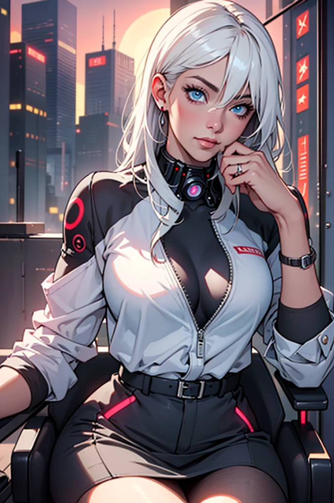 (masterpiece:1.3), (8k, photorealistic, RAW photo, best quality: 1.4), (1girl), beautiful face, (realistic face), Nice hairstyle,Realistic Eyes,Nice detail eyes,(Realistic Skin),Beautiful Skin,Ridiculous,attractive,Ultra high Resolution,an ultra realistic,RAWExtremely detailed,golden proportions, Woman wearing business outfit, white formal blazer, white blouse, high waist business skirt, beautiful, masterpiece, best quality, perfect lighting, (white hair:1.4), long hair, (blue eyes:1.2), slender build, thin, medium breasts, business woman, ceo, sitting in luxurious black office chair, giant modern window with view of dusk cyberpunk city skyline in background, torso shot, dusk, (cyberpunk city background:1.3), (Hazy sky:1.2), (Dim red sun:1.3), eyelashes, dark eyeliner, cyberpunk, older, sleek modern-futuristic office