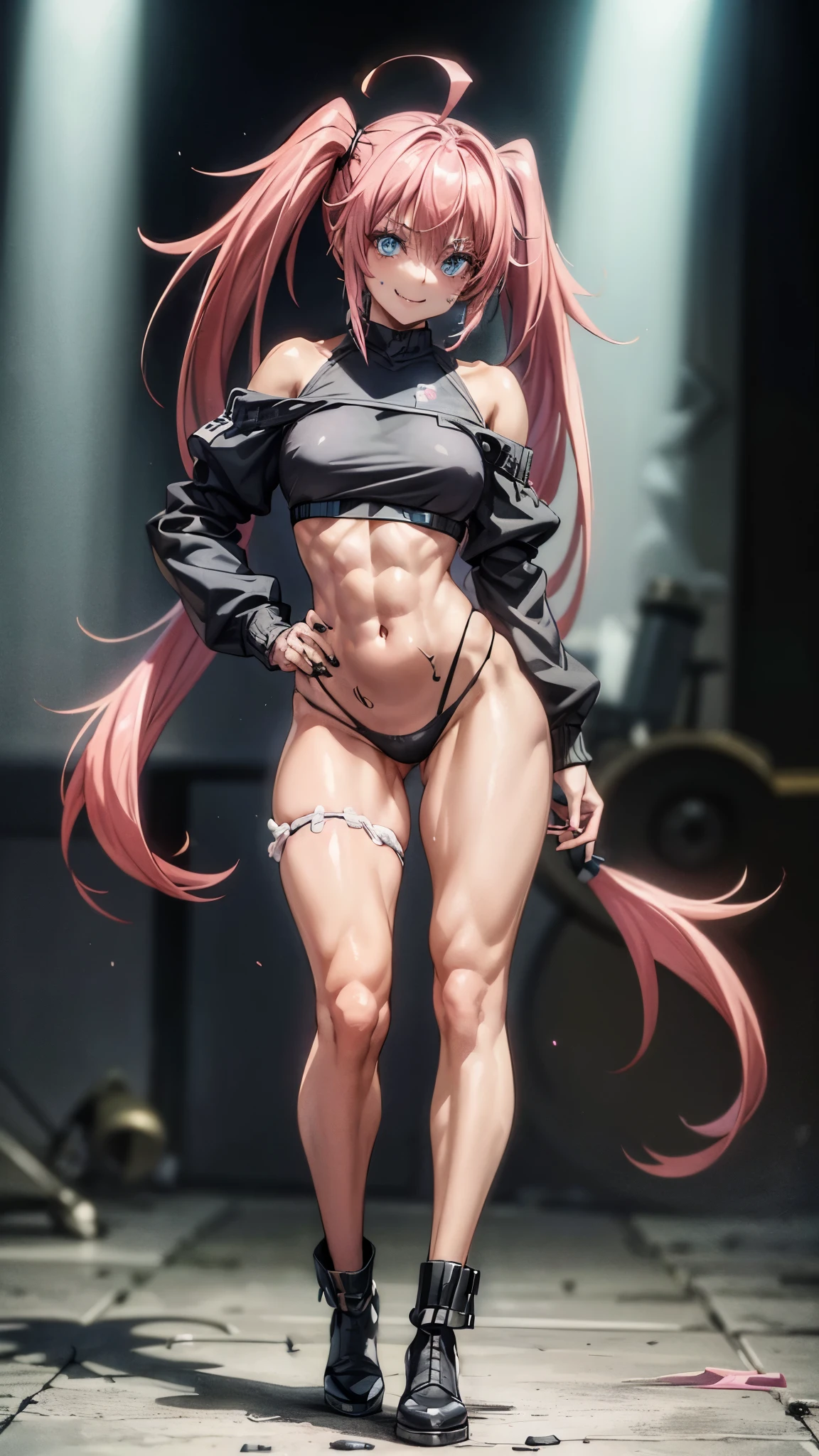 ((Female)), (very messy hair), twintails, (Happy smile), fangs, ((ripped abdomen)), toned arms and legs, medium breasts, excessive sweating, (black nails), bright blue eyes, (( pink hair)), wearing black high heel shoes, ((standing)), Facing me in a sensual pose, (wearing only a thong), (((full body photo))), bright eyes, glowing eyes, eye reflection, anime, anime style, ray tracing, Cinematic lighting, Panorama, Sony FE GM, High definition, artwork, accurate, anatomically correct, Textured skin, super detail, high quality, high resolution, high definition, 16k