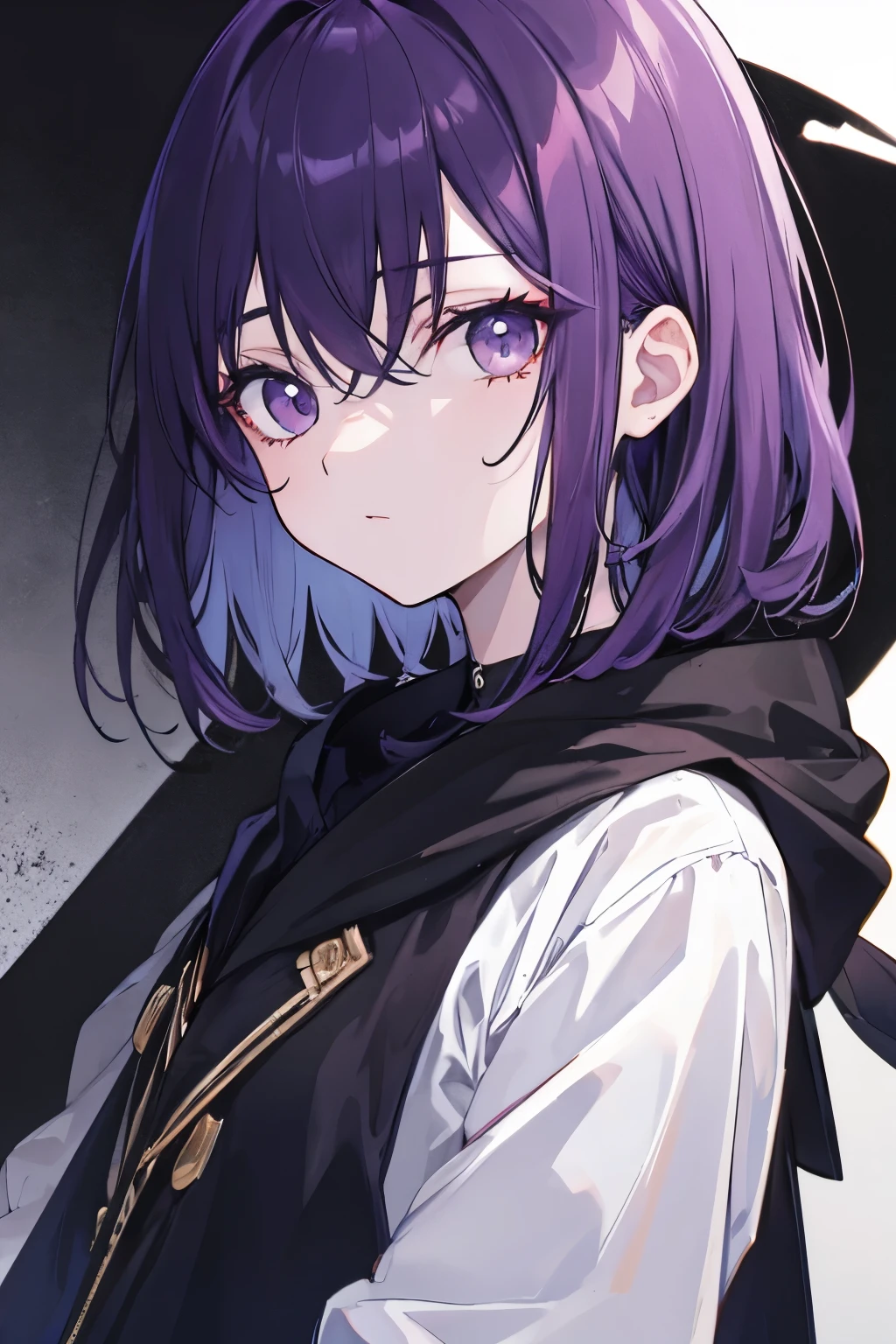 chico con cabello morado claro, ojos color morado oscuro, piel blaca