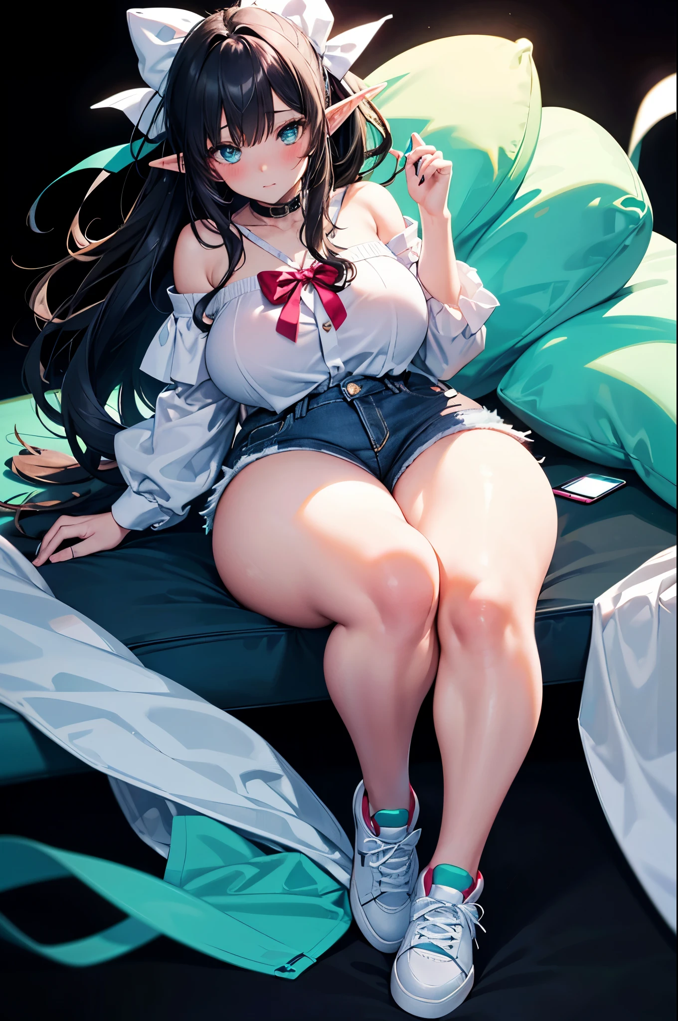 realistic image, coherent image, detailed image, a beautiful elf, she has long black hair, a big bow, she has turquoise eyes, her face is oval and delicate, blushing, medium breasts, curvy body, thick thighs, she is wearing a off shoulder blouse, jean mini shorts, sneakers, view of her legs, black background, uniform background,