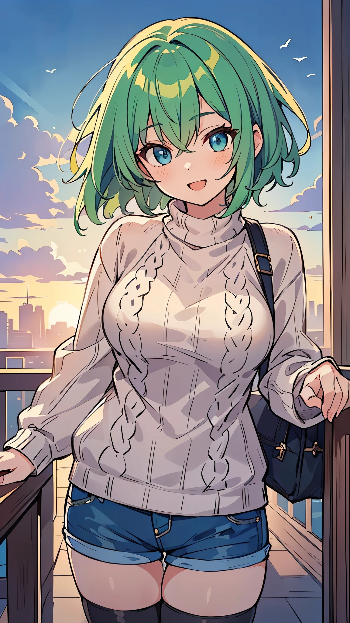 ((A Pretty girl with green hair and blue eyes)), ((Wearing knit sweater and hot pants)), Baby face, ((master piece, top-quality, ultra-definition, high resolution)), anime girl, ((ultra-detailed illust:1.2)), only one person, bangs, hair between eye, beautiful hair, Shiny eyes, Medium breasts, Big smile, opened mouth, cityscape