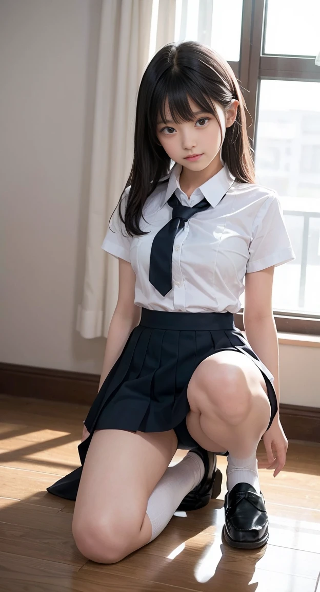 with a girl:her hair is black and short、、laughter、Her face is round and cute、highest quality,super detailed,masterpiece,realistic,Photoreal,bright lighting,1 clove of garlic:1.2), body full、The upper uniform is torn and the bra is visible.、Sexy、the skirt flaps、cute下着、Uniform torn、cute、angle from below、skinny、、very beautiful 17 year cute:1.2),A bright smile, black eye,beaver、,(bangs),perfect shiny skin,perfect skin,((erotic,Sexy)), small breasts,big breasts thin waist, look at the audience,sailor suit,high school uniform:1.2、short sleeve,tie,increase,socks、thin thighs、(loafer shoes), daytime,increase