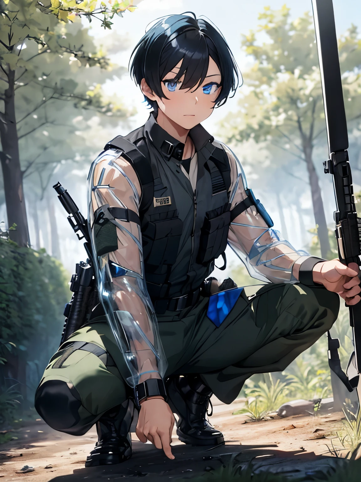character//1 boy,(black hair:1.3),((short hair:1.2)),((With bangs)),BREAK//((Clear blue eyes:1.3)),BREAK//(Fashion//((Black and blue camouflage long sleeve shirt)),BREAK((dark gray bulletproof vest)),(Sheriff&#39;s star badge on the chest of the vest:1.2),((cargo pants)),BREAK//((He carries a large rifle that is as tall as he is.:1.3)),((survival game)),((Ear microphone:1.3)),((A forest with dense grass)),((Crouching man holding a rifle:1.6))
