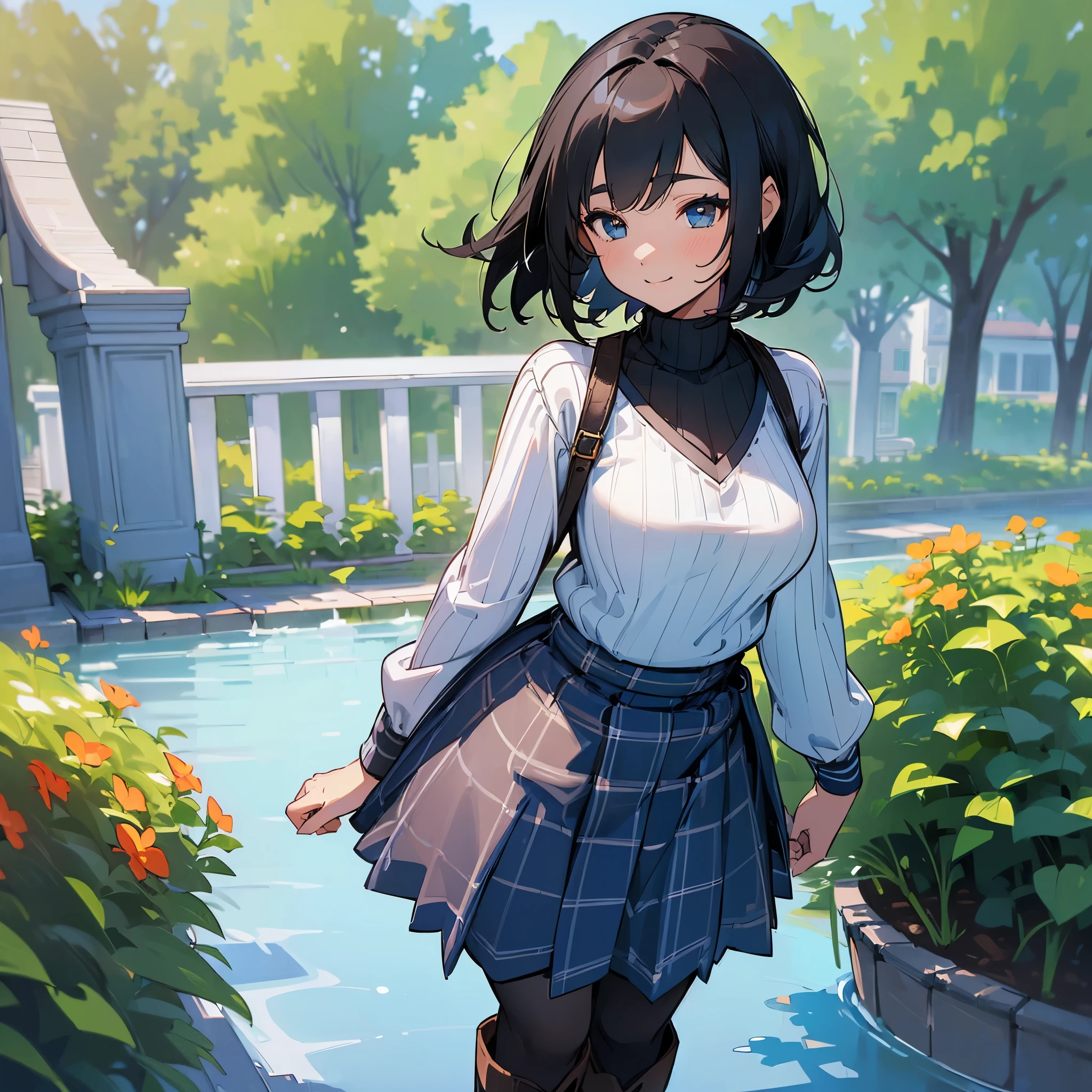 (high quality, high resolution, Super detailed, Reality:1.37), peaceful atmosphere, (outdoor, garden), Teenage girl standing alone, (My breasts are big.), Beautiful detailed features, cute smile, (black bob hair), ribbed sweater, blue plaid skirt, Black tights, brown boots.