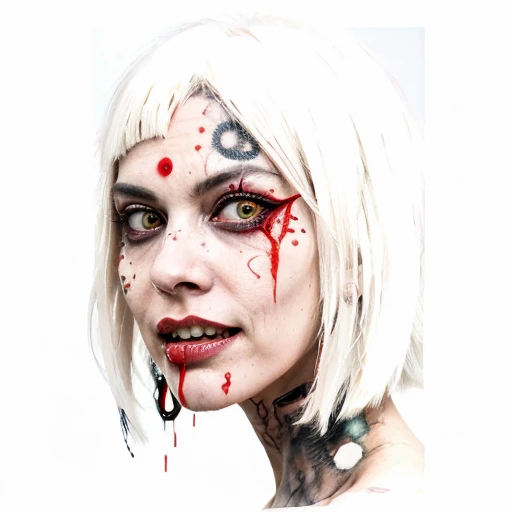 An image of a zombie witch with a creepy face, wide numb eyes, scary open mouth, big sharp teeth with dripping blood and an occult tattoo on the neck, inspired by Junji Ito, junji ito style, art style of junji ito, in style of junji ito, ito junji art, style of junji ito, subtle junji ito, kaethe butcher, inspired by Hannah Frank, fleshy - cyborg - zombie