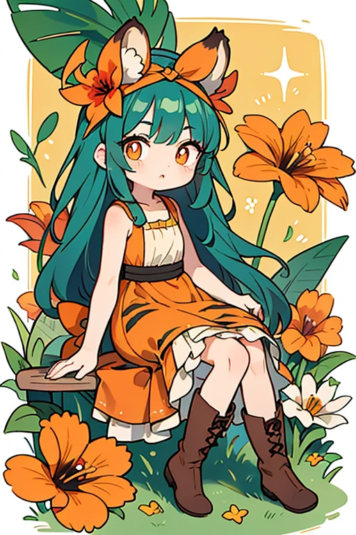 Tiger Lily Cookie has exceedingly long teal hair that sits in a pile at her feet. Her bangs are parted in the middle, and she has wide eyes with thin orange-brown pupils and a single eyelash on each eye. She wears an orange hibiscus accessory on her head that is accompanied by two dark green leaves. Tiger Lily Cookie wears a short, sleeveless orange dress with slits at the sides. Her dress has brown markings resembling tiger stripes. She wears brown boots with cream shoe laces and a darker brown trim on top. GLITTER