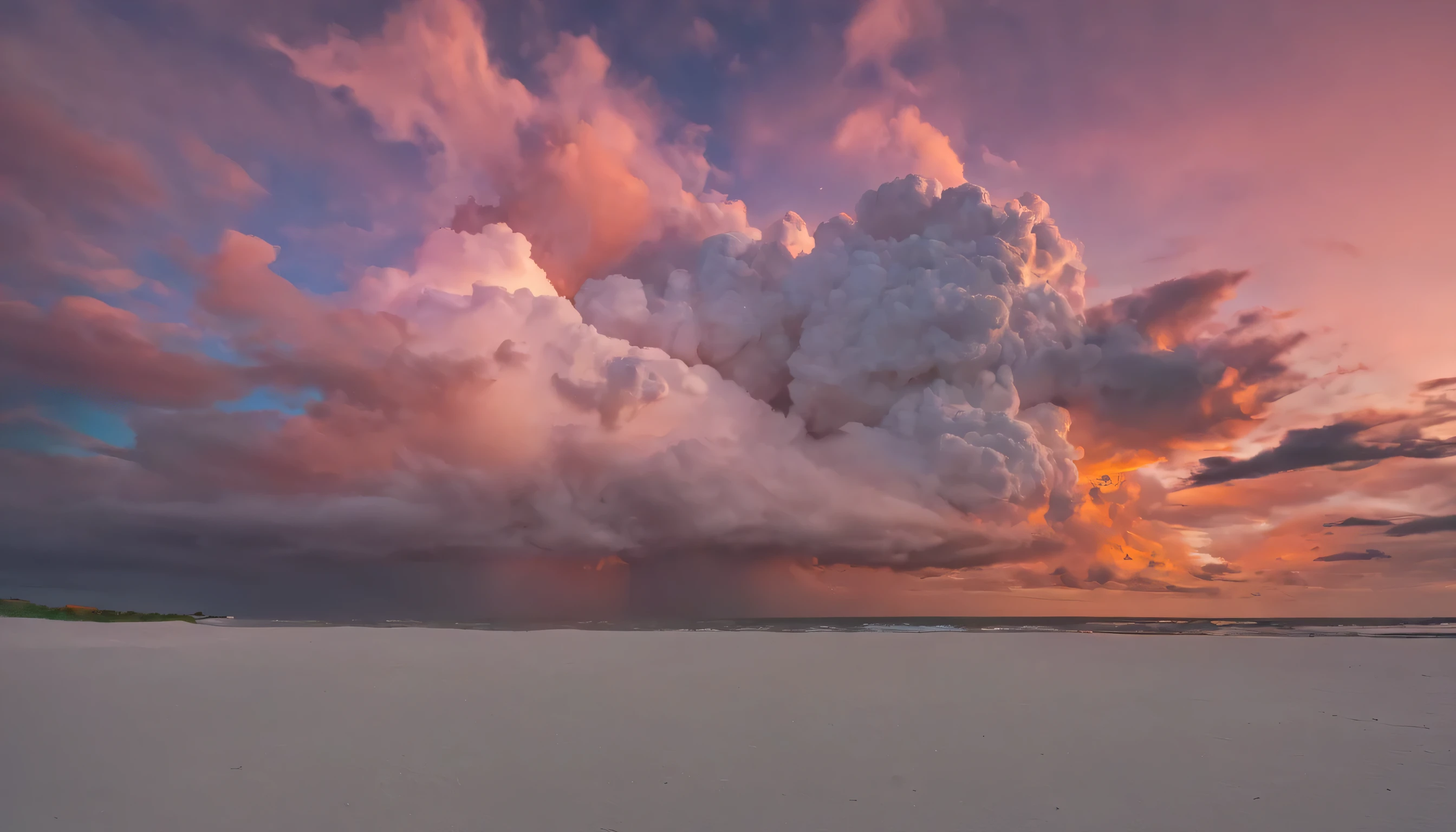 Colorful sky、cumulonimbus clouds reflecting colors、Haibara、white sand、sunset、great art、highest quality、best image quality、super resolution、masterpiece、