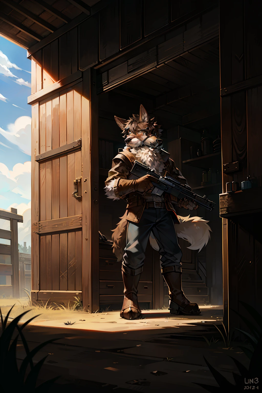 An intriguing image comes to mind: A dog with a gun casually placed on its muzzle. The dog's eyes conveying a sense of curiosity or mischief rather than fear. Its fur is a rich brown, shaggy and well-groomed, standing out against the backdrop of a rustic, deserted landscape. The gun, an old revolver, is weathered, its metal surface worn from years of use. The sun peeks through the clouds, casting long, dramatic shadows across the scene. This captivating portrait showcases a peculiar yet harmless moment between man and beast. (Masterpiece: 1.3, Detailed: 1.1, Worn: