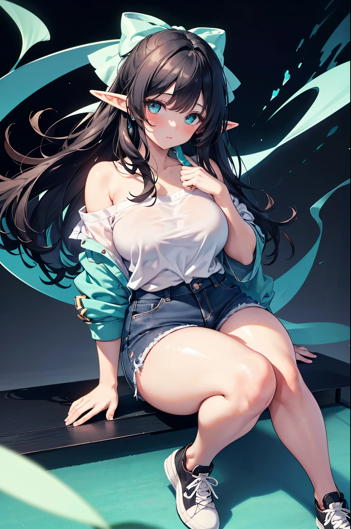 realistic image, coherent image, detailed image, a beautiful elf, she has long black hair, a big bow, she has turquoise eyes, her face is oval and delicate, blushing, medium breasts, curvy body, thick thighs, she is wearing a off shoulder blouse, jean mini shorts, sneakers, view of her legs, black background, uniform background,