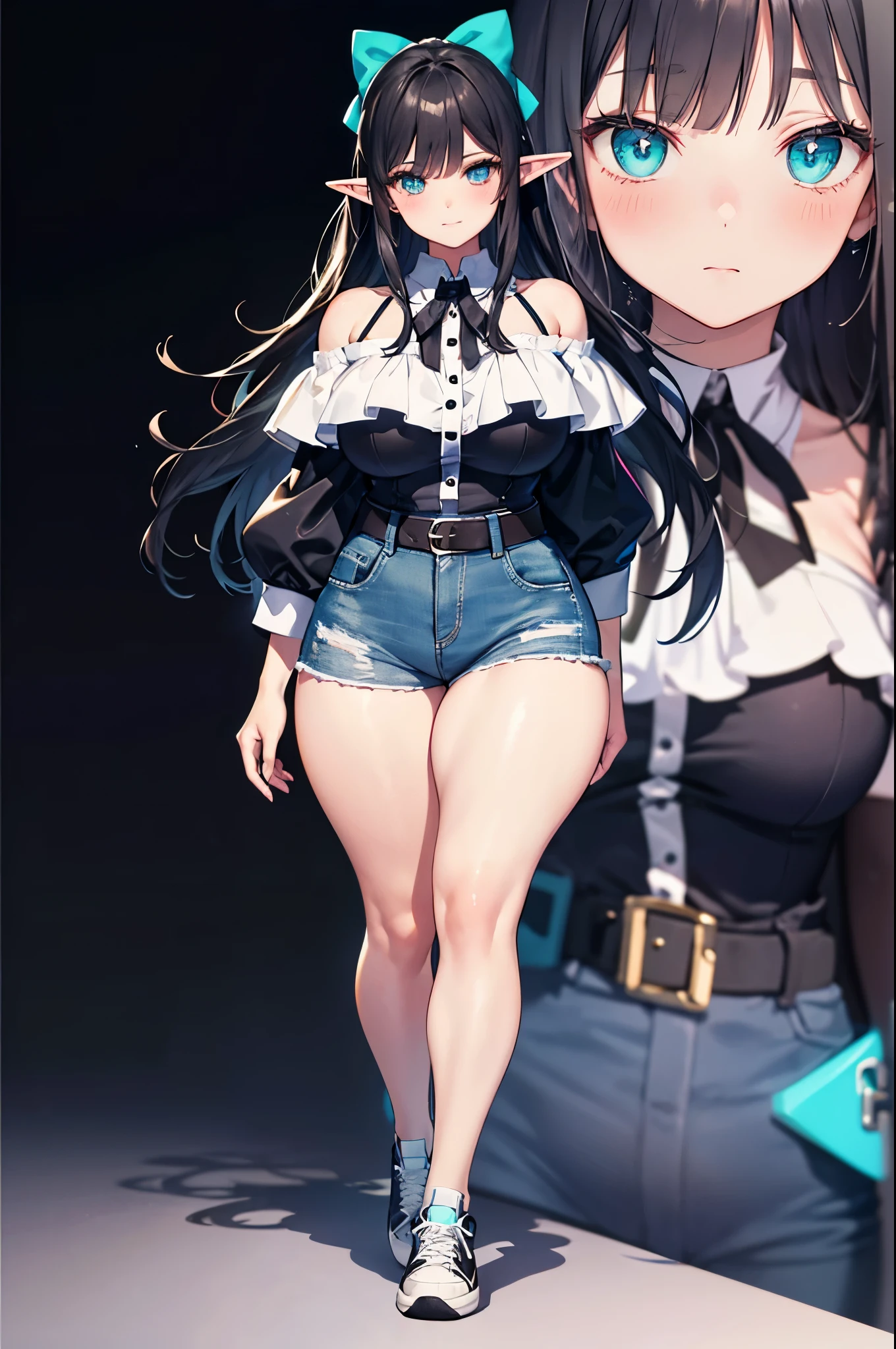 realistic image, coherent image, detailed image, a beautiful elf, she has long black hair, a big bow, she has turquoise eyes, her face is oval and delicate, blushing, medium breasts, curvy body, thick thighs, she is wearing a off shoulder blouse, jean mini shorts, sneakers, view of her legs, black background, uniform background,