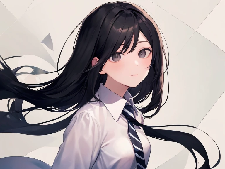  a slightly fat woman,Medium long black hair,bangs,A white dress shirt with a black and white striped tie,small breasts,black eyes,magic background,Calm and gentle eyes,Drooping eyes,calm face.Upper body,slightly turned to the side