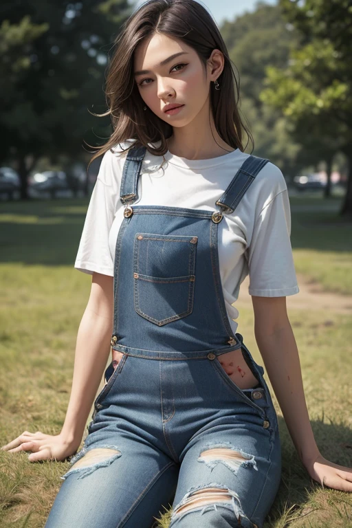 1 (wearing jeans overalls:1.3), Lie down on the grass, overhead camera, sharp focus, good looking, skinny,professional lighting,city,rendered eyes,tall body,adult woman,hair ornaments,instagram most viewed,formula wallpaper, official art,(K-POP idol), half closed eyes,building,((Realistic painting art by Midjourney and Greg Rutkowski)),((Supermodel)),