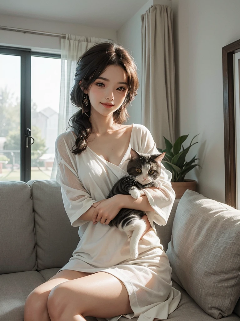 A girlfriend, Draped hair, loose home wear, Sitting on the living room sofa, The house is small fresh design style, (a plant:0.8), Fashionable, extreme detail, comfort and lovely welcoming smile, (hold a cat in her arms), glamour body, diffused soft mood lighting,