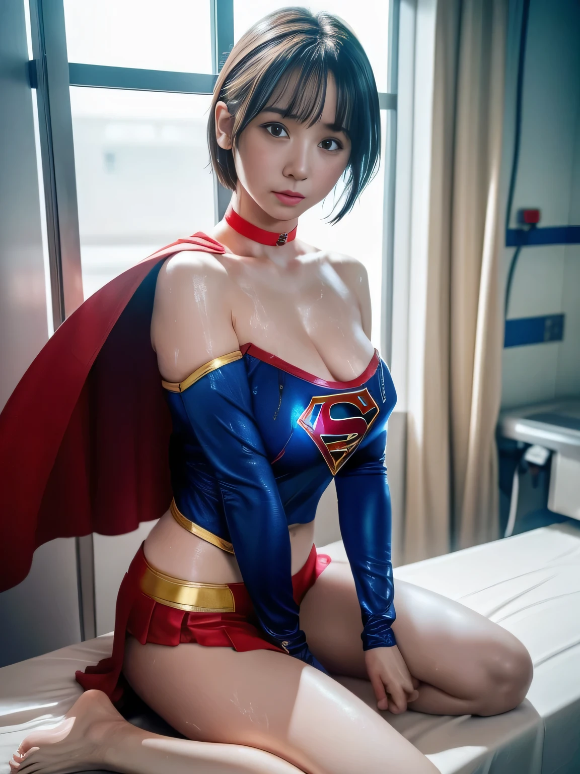 masterpiece、Short-haired Supergirl、Intensive care unit、operating table、barefoot、straddle、M-shaped legs、wide open legs、big and full breasts、red mini skirt、look at the camera、Sweat、Cowgirl、Sweatでいっぱい、発Sweat、Sweat scattering、Sweat wet、choker、long sleeve、Fluttering cloak 