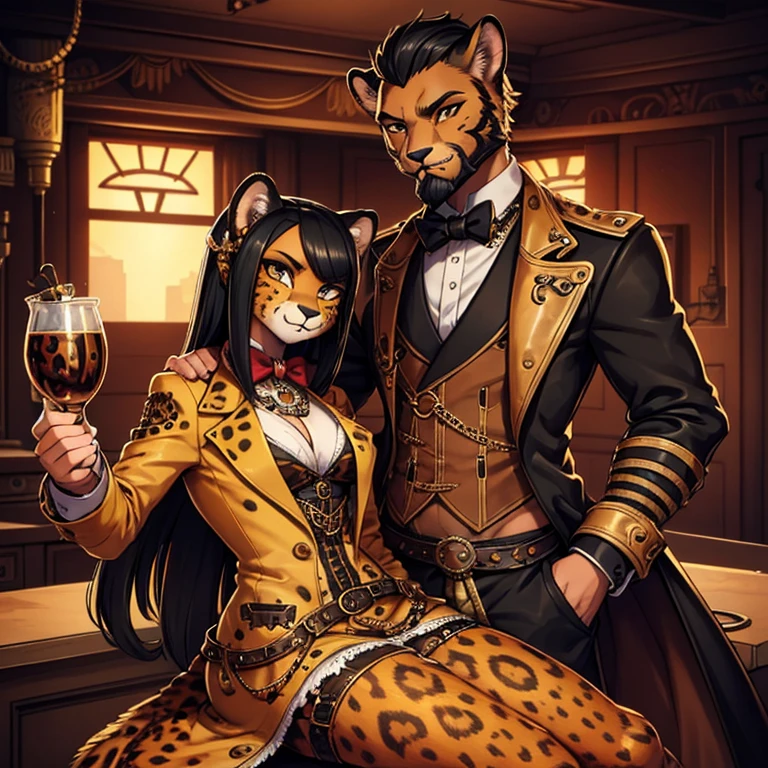  ACheetah-human, cheetah head, cheetah face, male, hair, black hair, steampunk clothes, antro, non-human, hair, beard, steampunk whit a female cheeta-human cheetah head cheetah face milf whith formal clothes and non-human