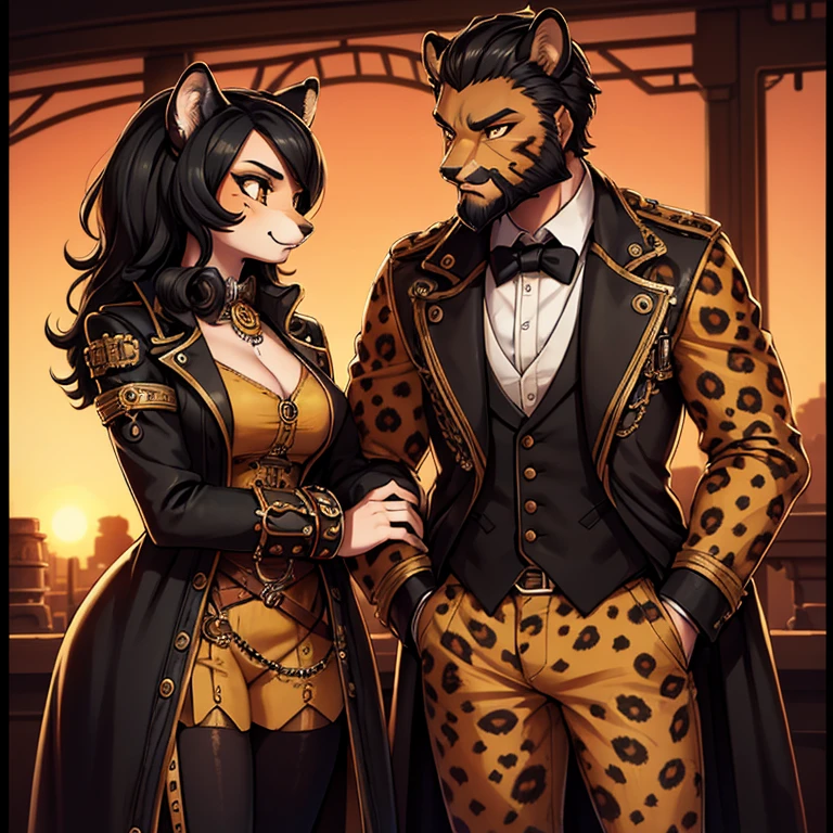  ACheetah-human, cheetah head, cheetah face, male, hair, black hair, steampunk clothes, antro, non-human, hair, beard, steampunk whit a female cheeta-human cheetah head cheetah face milf whith formal clothes and non-human