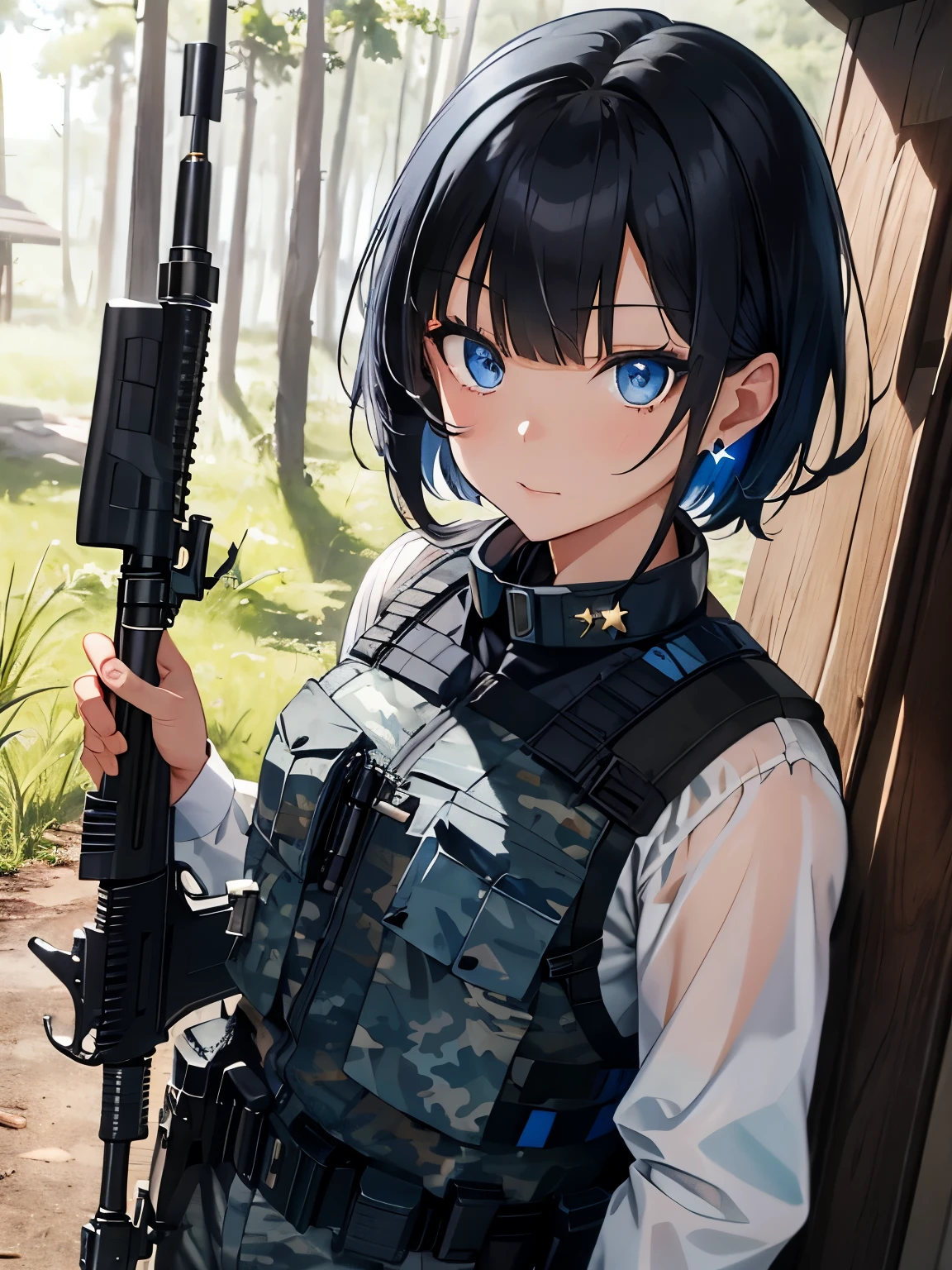 character//1 boy,(black hair:1.3),((short hair:1.2)),((With bangs)),BREAK//((Clear blue eyes:1.3)),BREAK//(Fashion//((Black and blue camouflage long sleeve shirt)),BREAK((dark gray bulletproof vest)),(Sheriff's star badge on the chest of the vest:1.2),((cargo pants)),BREAK//((背丈ほどある大型Have a rifle:1.3)),((survival game)),((Ear microphone:1.3)),((A forest with dense grass)),((Have a rifle:1.6))