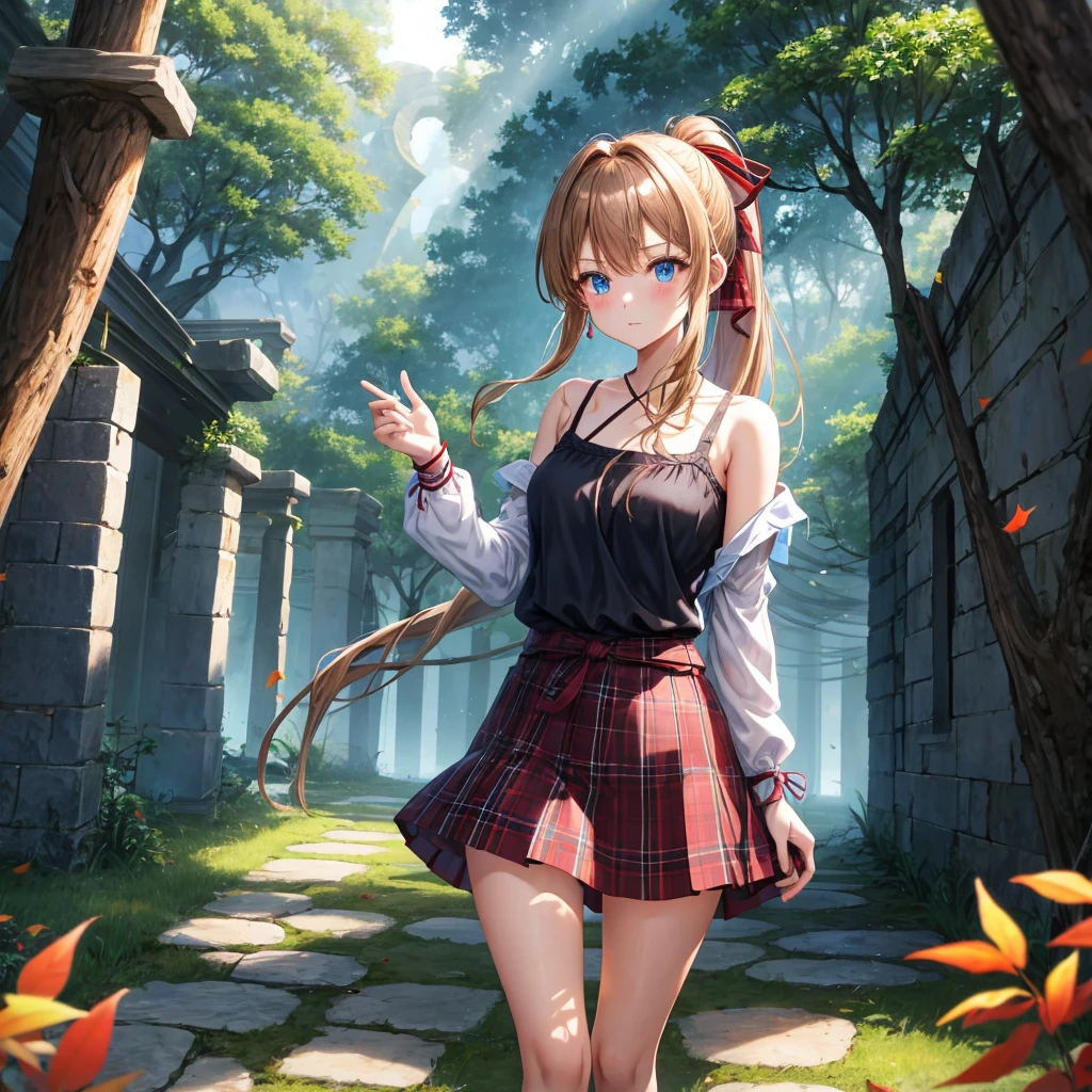 reddish-brown blonde、blue hair、blue eyes、ponytail、one good looking girl、solo、anime、Plaid miniskirt、camisole、black t-shirt、Tilting your face、Doing the ribbon、Ribbon at waist、sunset sky、broken stone steps、ruins、tunnel、Fallen leaves、light and feet up、column、sparks fall、forest、tall grass grows、cloak、the ground is cracked、Vortex of Light、looking down、Fairies are flying