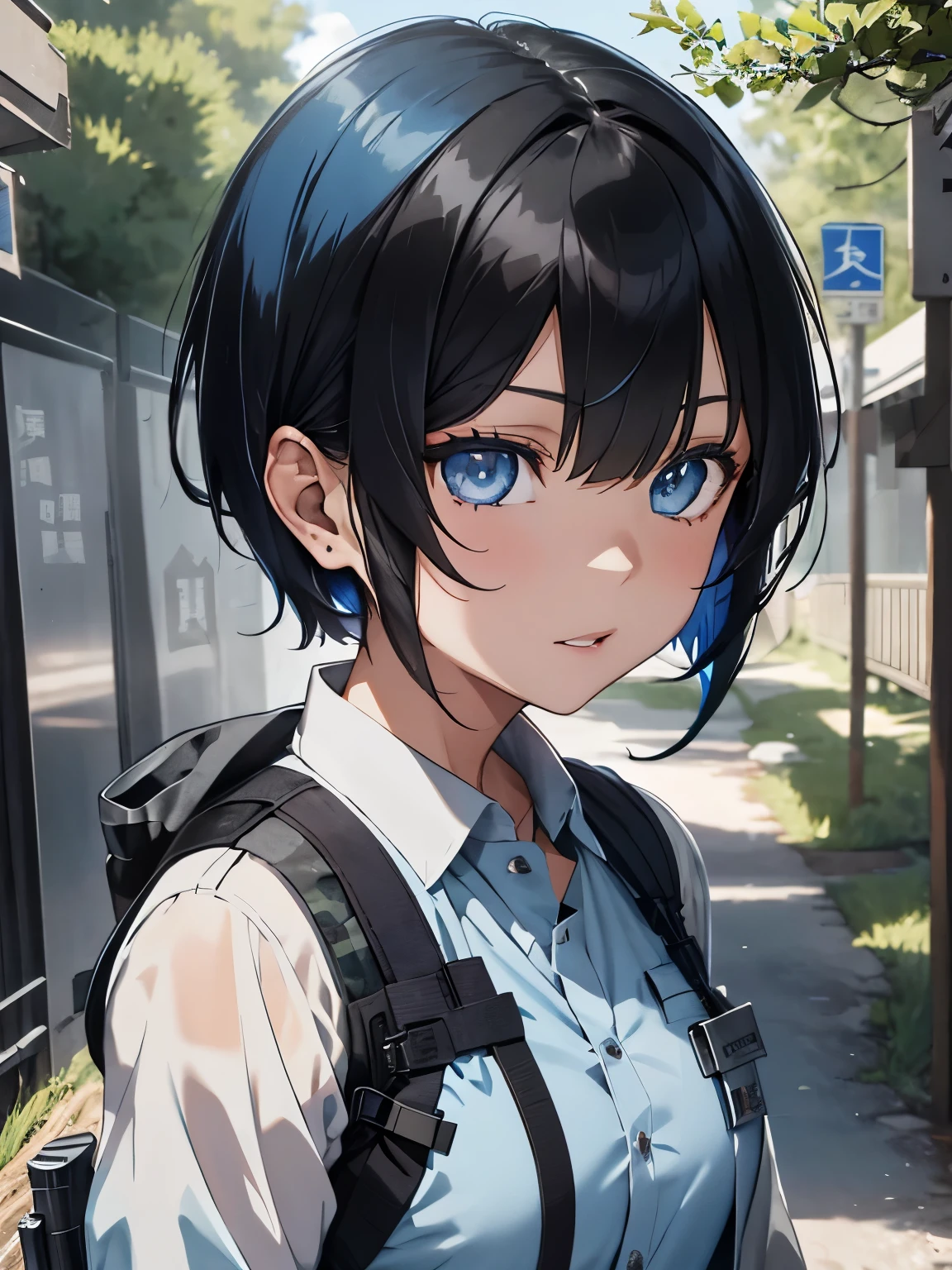 character//1 boy,(black hair:1.3),((short hair:1.2)),((With bangs)),BREAK//((Clear blue eyes:1.3)),BREAK//(Fashion//((Black and blue camouflage long sleeve shirt)),BREAK((dark gray bulletproof vest)),(Sheriff's star badge on the chest of the vest:1.2),((cargo pants)),BREAK//((背丈ほどある大型Have a rifle:1.3)),((survival game)),((Ear microphone:1.3)),((A forest with dense grass)),((Have a rifle:1.6))