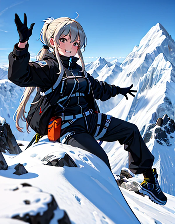 (masterpiece, highest quality), (disorganized), (Super detailed, 8K, ultra high resolution:1.2), (mountaineering:1.2), mountaineer, long hair, ponytail, smile, young, outdoor, (dynamic pose:1.2), 1 girl, alone, mountains, ridge, kulmin, Summit, snow, ice, rock, highland, long sleeved jacket, long pants, gloves