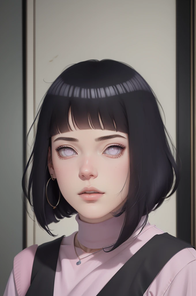 (masterpiece) (huge titusty, masterpiece, absurdres, hinata\(boruto\), 1girl, solo,mature female, off-shoulder bra, high waist black short skirt, looking at viewelling petals), perfect composition, detailed lips, big breast, beautiful face, body propotion, blush, (pink lips), short hair, (black hair), purple eyes, soft gaze, super realistic, detailed, photoshoot, realistic face and body, closed mouth, laying on the bed , lilac eyes, full body, lace clothes,  with chin resting on shoulder, perfect fingers