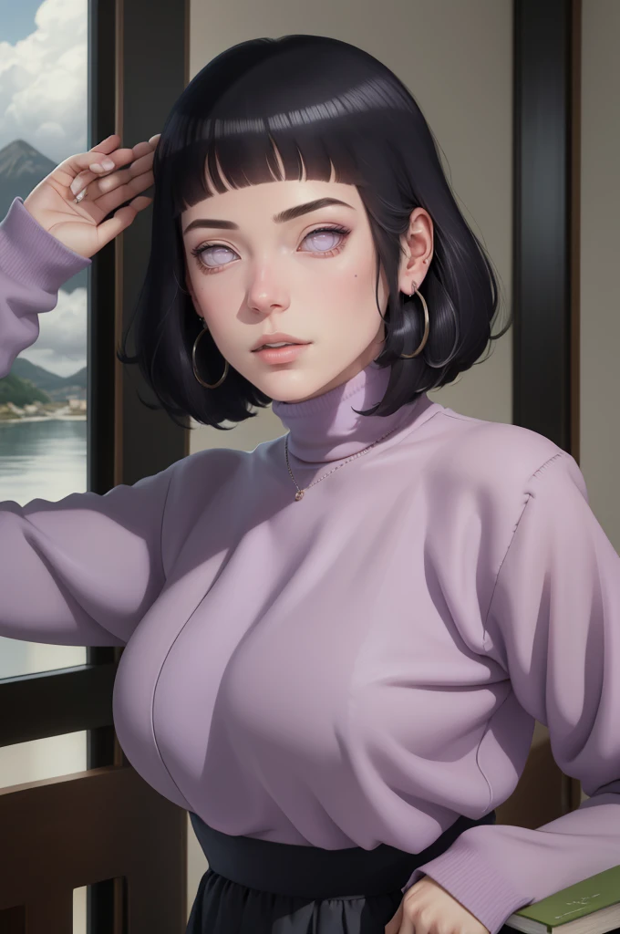 (masterpiece) (huge titusty, masterpiece, absurdres, hinata\(boruto\), 1girl, solo,mature female, off-shoulder bra, high waist black short skirt, looking at viewelling petals), perfect composition, detailed lips, big breast, beautiful face, body propotion, blush, (pink lips), short hair, (black hair), purple eyes, soft gaze, super realistic, detailed, photoshoot, realistic face and body, closed mouth, laying on the bed , lilac eyes, full body, lace clothes,  with chin resting on shoulder, perfect fingers
