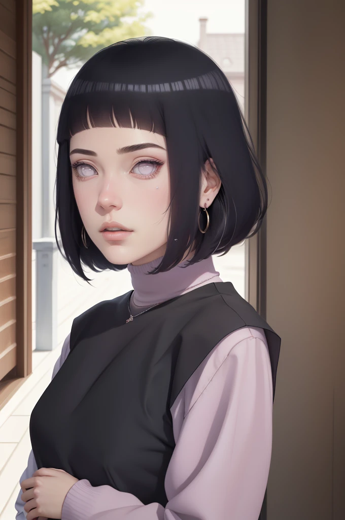 (masterpiece) (huge titusty, masterpiece, absurdres, hinata\(boruto\), 1girl, solo,mature female, off-shoulder bra, high waist black short skirt, looking at viewelling petals), perfect composition, detailed lips, big breast, beautiful face, body propotion, blush, (pink lips), short hair, (black hair), purple eyes, soft gaze, super realistic, detailed, photoshoot, realistic face and body, closed mouth, laying on the bed , lilac eyes, full body, lace clothes,  with chin resting on shoulder, perfect fingers