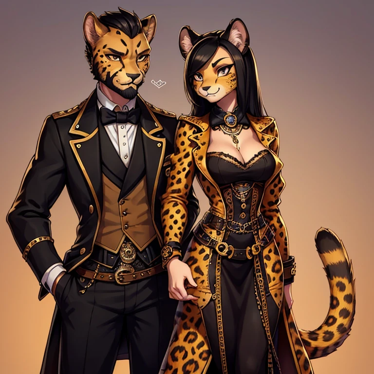  ACheetah-human, cheetah head, cheetah face, male, hair, black hair, steampunk clothes, antro, non-human, hair, beard, steampunk whit a female cheeta-human cheetah head cheetah face milf whith formal clothes and non-human, sex