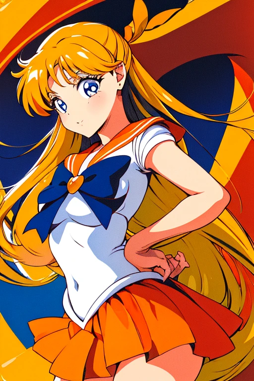 obra de arte, melhor qualidade, high resolution, venus1, 1 garota, Sozinho, uniforme de marinheiro senshi, Sailor Venus, Aino Minako, cabelo loiro,  magic, olhos azuis, saia laranja, luvas de cotovelo, tiara, Saia plissada, arco de cabelo, colar laranja do marinheiro, mini-saia, gargantilha, Red loop, orange gargantilha, luvas brancas, cabelo muito comprido,  joia,  brincos, agachada.